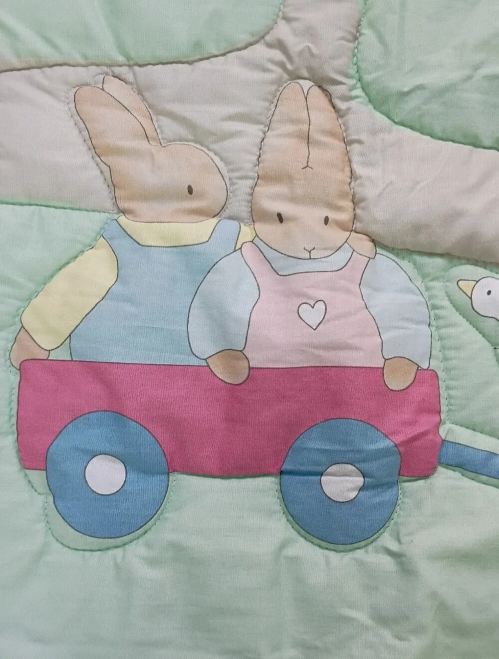 Vtg Red Calliope Quilt Baby Blanket Bunnies Hearts Made In USA 37